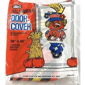 Vintage 1980s Allied Plastics Halloween Door Cover 36x80 Scarecrow Pumpkin NOS